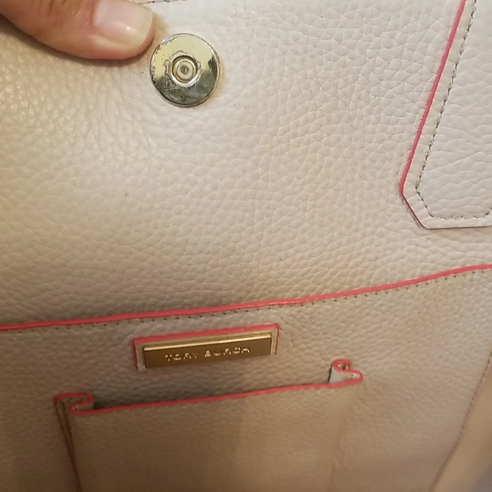 Tory Burch Two-Tone Cream and Coral Leather Tote with Tassel